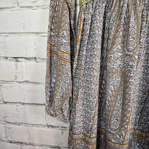WOMENS BOHO DRESS BY LOVE, GRAY AND BLUE WITH GREEN CROCHETED LACE DETAIL SIZE S - Picture 7 of 8